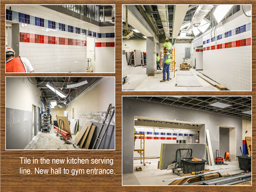 Four photos of tile in the new kitchen serving line. New hall to gym entrance.